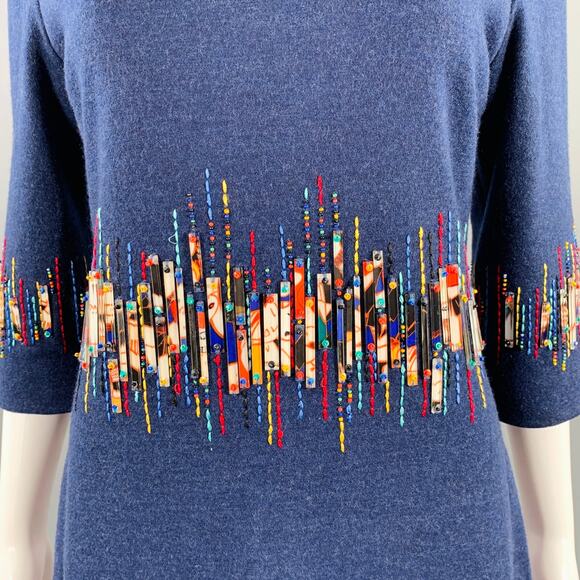 CAROLINA HERRERA Size 6 Blue Multi Color Wool Beaded Back Zip Dress - Picture 2 of 8